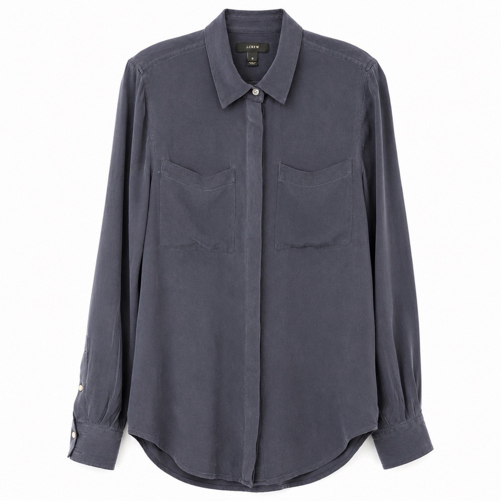 J.Crew Women's Silk Blend Navy Hidden Button Blouse Size 0 Long Sleeve Career